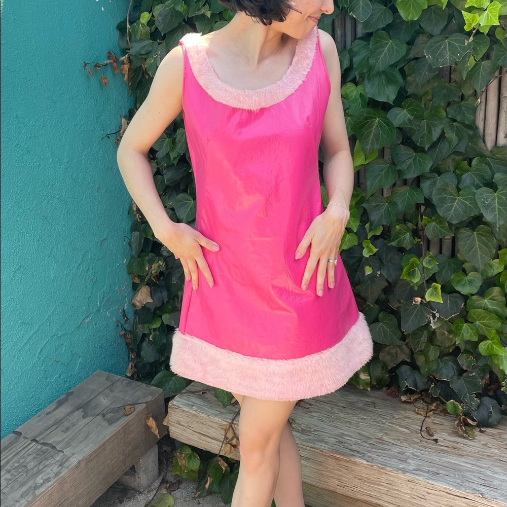 Vintage Pink Barbie Faux Leather Mini Dress with Furry Trim